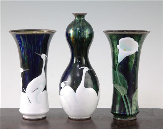 Three Japanese Musen and Moriage enamel vases, c.1900-10, signed Hattori Tadasaburo, 15.2cm and 18.3cm, some damage